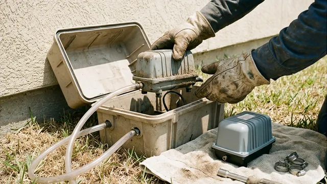 Gloved hands lifting a grey aerobic septic air pump out of its housing beside a stucco wall in McAllen, Texas