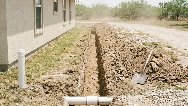 Trench dug along a stucco house exposing a white PVC septic line with a coupling and a cleanout in McAllen, Texas